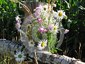 A bouquet of wildflowers on a rural fence