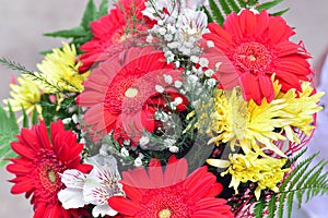 Bouquet of yellow chrysanthemums, red gerbera