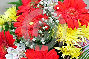 Bouquet of yellow chrysanthemums, red gerbera