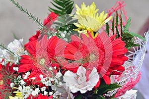 Bouquet of yellow chrysanthemums, red gerbera