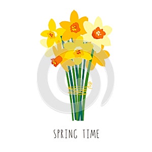 Bouquet of yellow daffodils isolated on white. Floral illustration. Greeting card template for bright spring design