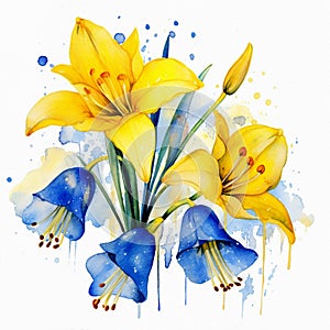 a bouquet of yellow daylilies and blue bells with leaves, made in watercolor technique