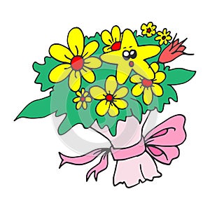 Bouquet of yellow flower with monster art. star monster pattern with eyes and cute emoticon. hand drawn vector. pink bow, pink wra