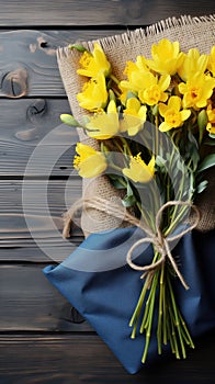 Bouquet of yellow flowers on wooden background