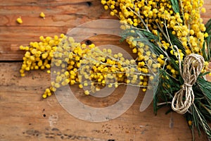 Bouquet of yellow mimosa lies on boards