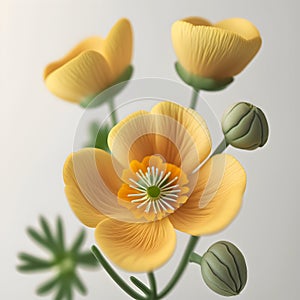 Bouquet of yellow orange buttercup crowfoot flower plant with leaves isolated on white background. 3D rendering