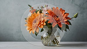 bouquet of yellow, orange large flowers in a glass vase on a gray background