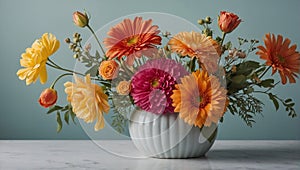 bouquet of yellow orange and pink flowers on the table in a white ceramic vase