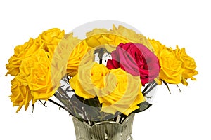 Bouquet of yellow roses in a vase isolated