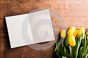 Bouquet of yellow tulips and empty greeting card