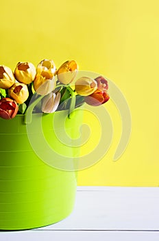 Bouquet of yellow, white and orange tulips in green garden basket on bright background