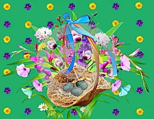 Bouquete of wild flowers and birds eggs photo