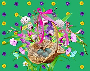 Bouquete of wild flowers and birds eggs photo