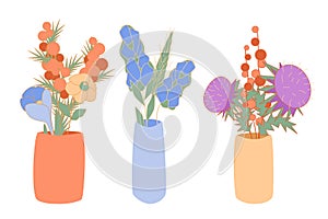 Bouquetes of blossom flowers in minimalistic ceramic vases Vector abstract mimosa, crocus, winterberry, bluebell, narcissus, photo