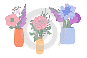 Bouquetes of blossom flowers in minimalistic ceramic vases Vector abstract rose, crocus, winterberry, bluebell, narcissus, photo