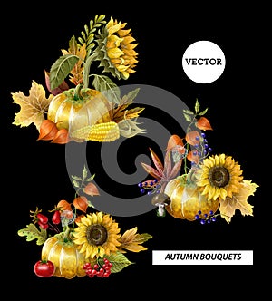 Bouquets of autumn leaves, fruits, berries and vegetables. Vector illustration.