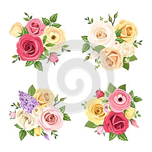 Bouquets of colorful flowers. Vector set of four illustrations. photo
