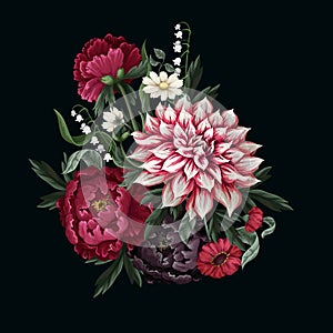 Bouquets with dahlia, peonies and wild flowers. Vector.