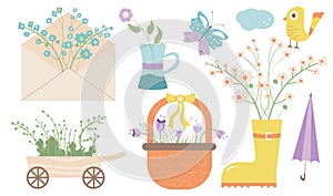 Bouquets with flowers in envelope rubber boots and basket. Spring elements set and gardening tools isolated on white background.