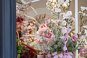 Bouquets of flowers in flower shop. Flowershop concept, gifts and presents for spring celebrations.