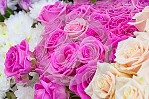 Bouquets of flowers: tea and pink roses, white chrysant