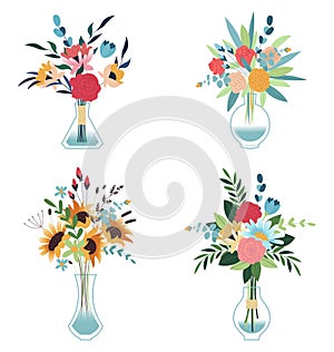 Bouquets of flowers in a vase. Vector illustration in flat style. Set of decorative floral design elements.