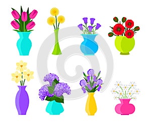 Bouquets of flowers in vases in flat style. Summer and spring flowers set. Vector flowers illustration isolated on white