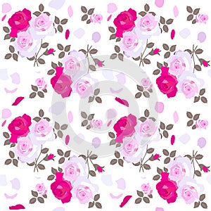 Bouquets of pale pink and bright crimson roses, buds, leaves and petals on a white background. Seamless ornament for fabric