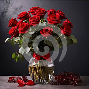 Bouquets of red roses with a red bow in a transparent vase, dark background. Flowering flowers, a symbol of spring, new life