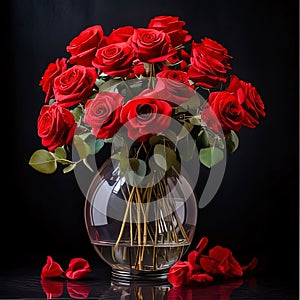 Bouquets of red roses with a red bow in a transparent vase, dark background. Flowering flowers, a symbol of spring, new life