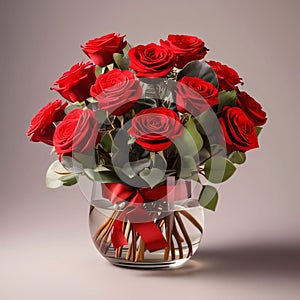 Bouquets of red roses with a red bow in a transparent vase, light background. Flowering flowers, a symbol of spring, new life