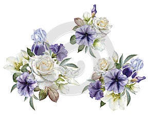 Bouquets of roses, petunias and hellebore flowers. Set of watercolor flowers