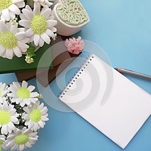 Bouquets of soap flowers, blank notepad with pencil, books on light blue background.