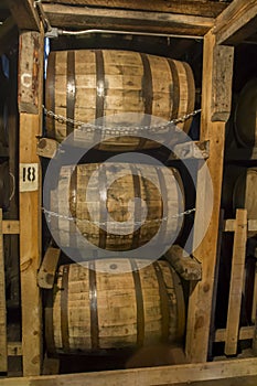 Bourbon barrels in warehouse