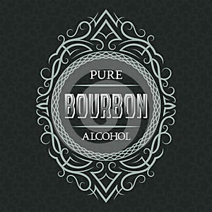 Bourbon pure alcohol label design template. Patterned vintage frame with text on pattern background