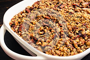 Bourbon Sweet Potato Casserole Topped with Toasted Pecans and Crumbled Bacon