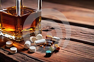 Bourbon whiskey bottle pills drugs combination