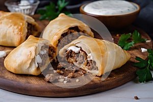 Bourekas stuffed with spiced ground beef and onion, served with a dollop of creamy tzatziki sauce