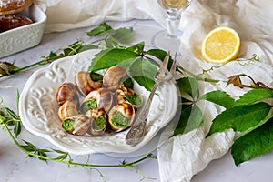 Bourguignonne snail with lemon. Marble background. French cuisine