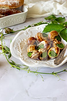 Bourguignonne snail with lemon. Marble background. French cuisine