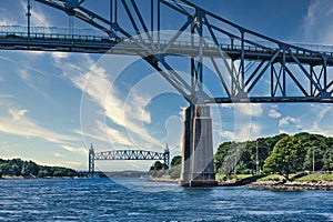 Cape cod canal railroad bridge with Bourne bridge in the foreground photo