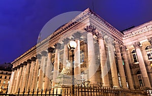 The Bourse of Paris- Brongniart palace at night,Paris, France.