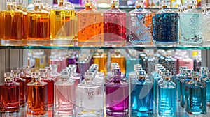 A boutique fragrance studio with shelves of colorful glass bottles and containers filled with different scents