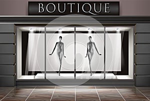 Boutique showcase. Clothing store, footwear. Glass showcase.