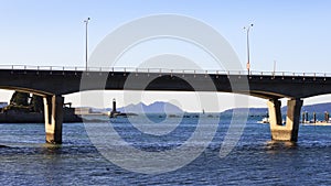 Bouzas bridge with Cies islands on background in Vigo, Pontevedra, Spain photo