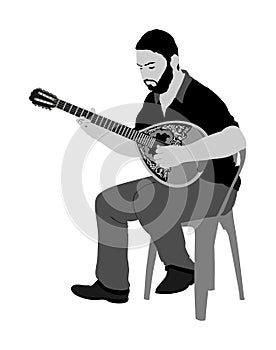 Bouzouki player vector illustration. Street performer. Greek traditional string instrument. Folklore performer on the street.