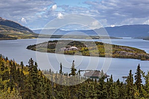 Bove island on the windy arm of the Tagish lake near the Klondike Highway in Yukon.