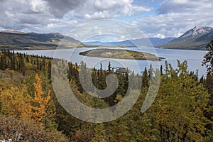 Bove island on the windy arm of the Tagish lake near the Klondike Highway in Yukon.