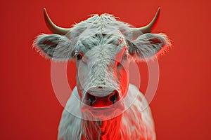 Bovine working animal with horns in closeup on red background