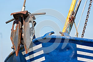 Bow with anchor shrimp fishing ship in Dutch harbor Lauwersoog
